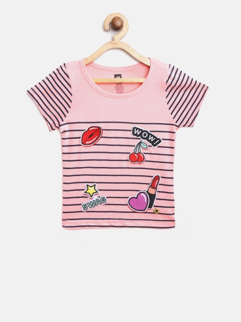 

612 league Girls Peach-Coloured & Black Striped Round Neck T-shirt