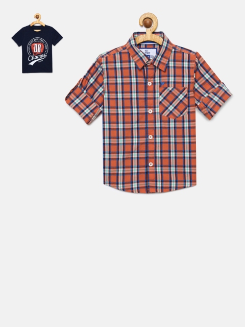 

612 league Boys Orange & Navy Blue Checked Casual Shirt With a T-shirt
