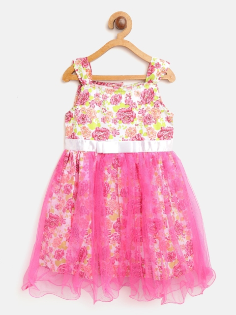 

612 league Girls Pink & White Floral Printed Layered Net Fit and Flare Dress