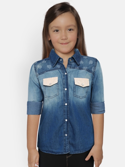 

612 league Girls Blue Regular Fit Solid Denim Shirt