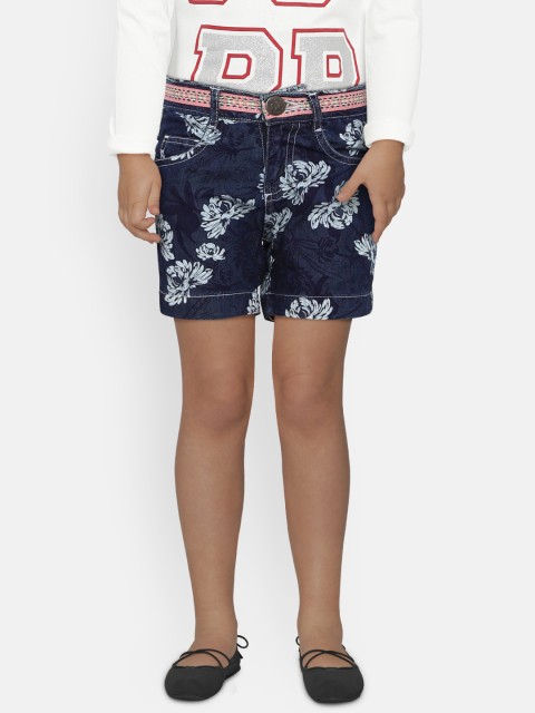 

612 league Girls Navy Blue & White Printed Regular Fit Denim Shorts