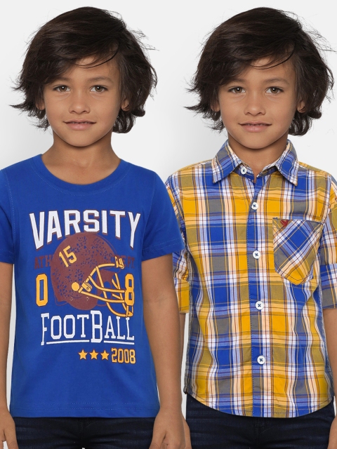 

612 league Boys Yellow & Blue Regular Fit Checked Casual Shirt With Tshirt