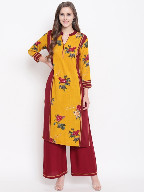 

Kurti's by Menka Women Mustard Yellow & Maroon Printed Kurta with Palazzos