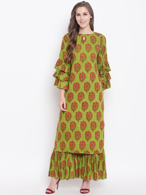 

Kurti's by Menka Women Green & Red Printed Kurta with Sharara