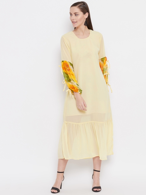 

Belle Fille Women Yellow Solid Semi Sheer Maxi Dress