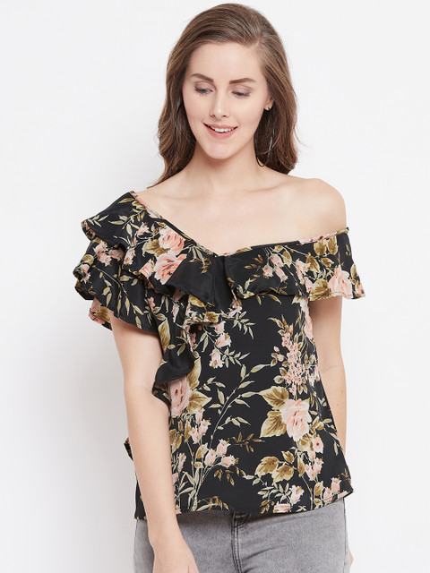 

Belle Fille Women Black & Green Floral Print Top