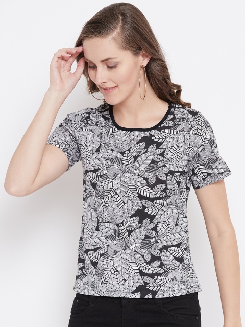 

Belle Fille Women Black & White Printed Round Neck T-shirt
