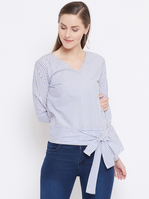 

Belle Fille Women White & Blue Striped Blouson Pure Cotton Top