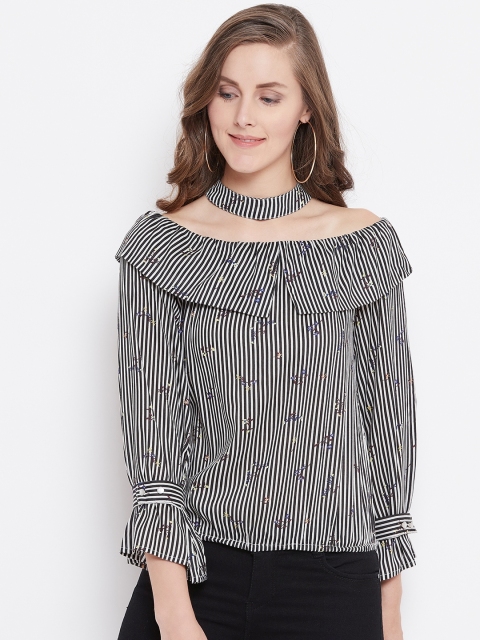

Belle Fille Women Black & White Striped Blouson Top
