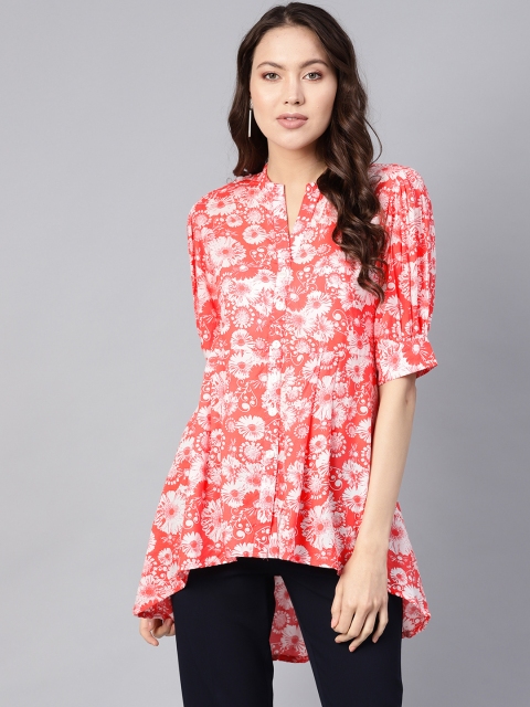 

Ives Women Coral Pink & White Floral Printed A-Line Top