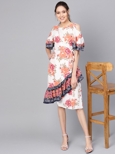 

Ives Women White & Peach-Coloured Floral Printed Cold-Shoulder Wrap Dress