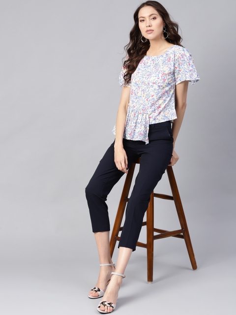 

Ives Women White & Blue Printed Layered Top