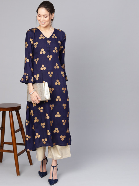 

Ives Women Navy Blue & Golden Printed A-Line Kurta