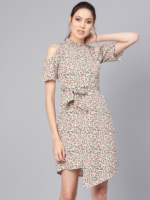 

Ives Women Beige & Red Printed Cold-Shoulder Sheath Dress