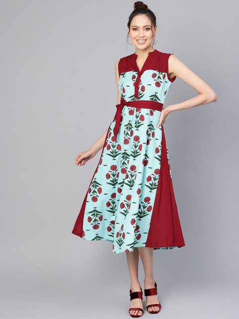 

Ives Women Blue & Maroon Printed A-Line Dress