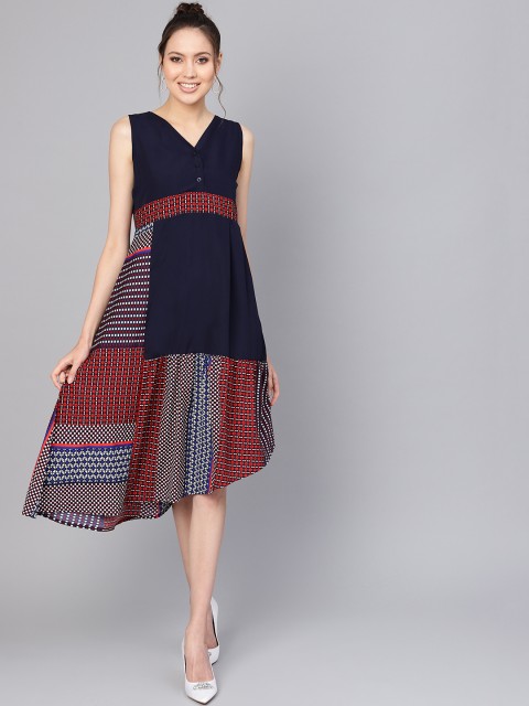 

Ives Women Navy Blue & Red Printed A-Line Dress