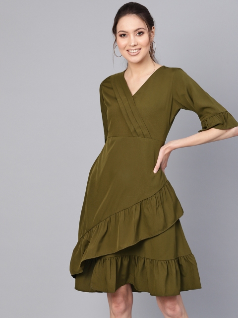 

Ives Women Olive Green Solid Ruffled A-Line Dress