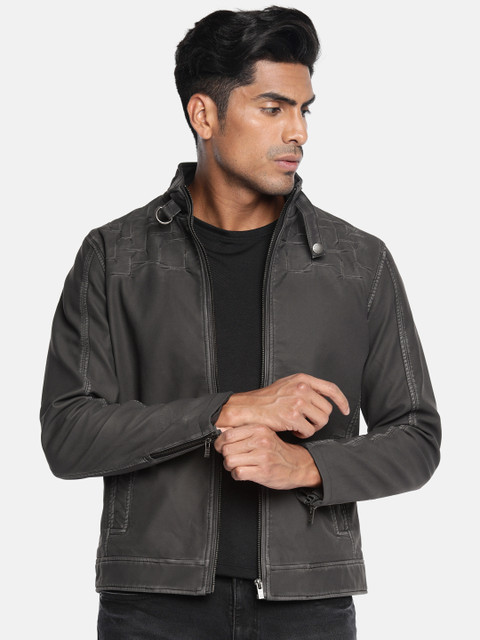 

Pepe Jeans Men Charcoal Grey Solid Biker Jacket
