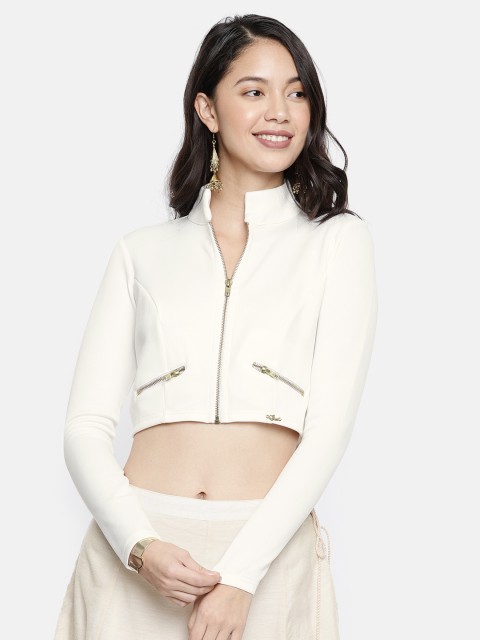 

Ira Soleil Women White Solid Crop Jacket