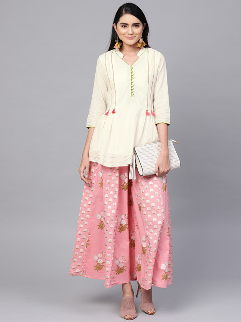 

Ishin Women Off-White & Pink Solid Top with Printed Palazzos