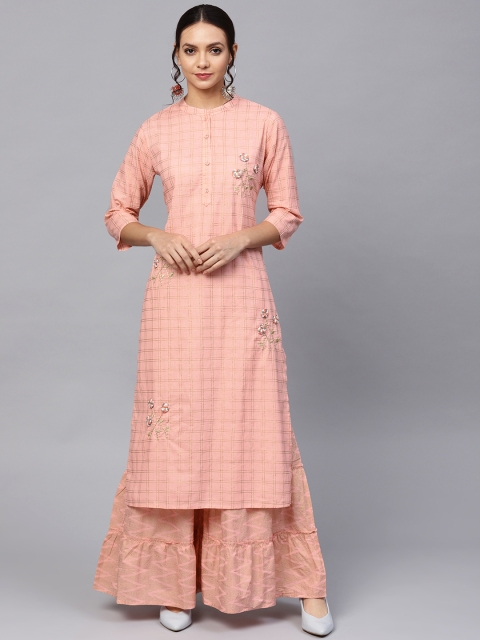 

Ishin Women Peach-Coloured & Golden Checked Kurta with Sharara