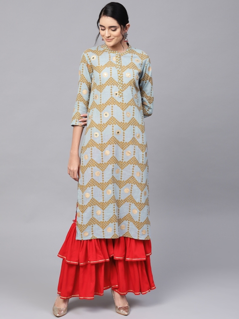 

Ishin Women Blue & Red Foil Printed Kurta with Sharara