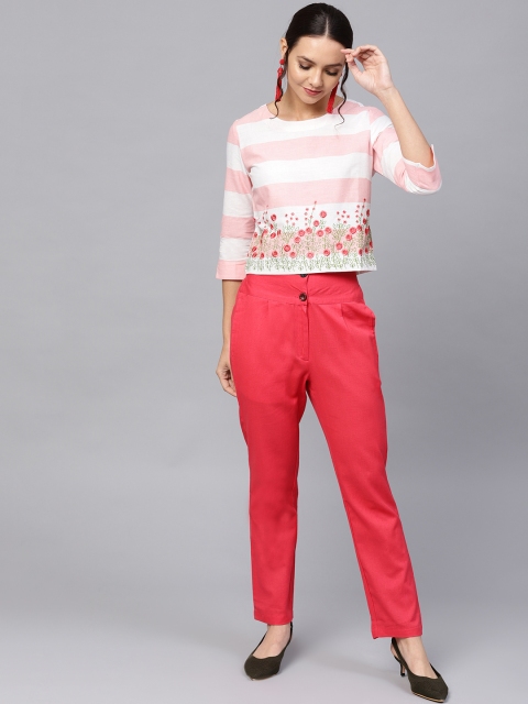 

Ishin Women White & Pink Striped Top with Trousers