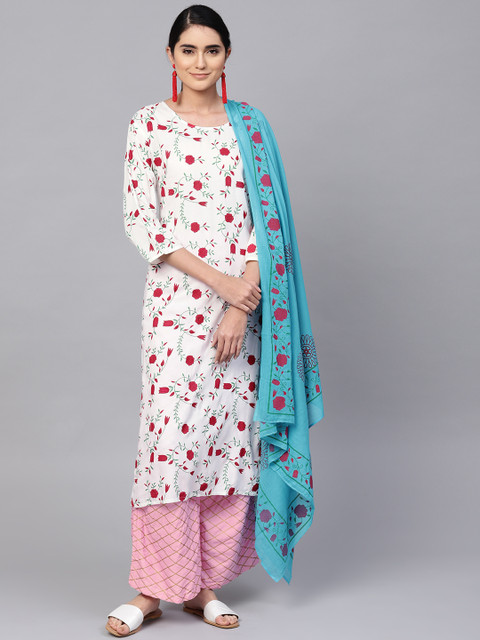 

Ishin Women White & Pink Printed Kurta with Palazzos & Dupatta