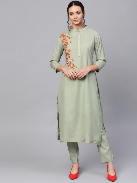 

Ishin Women Green & Orange Embroidered Detail Kurta with Trousers