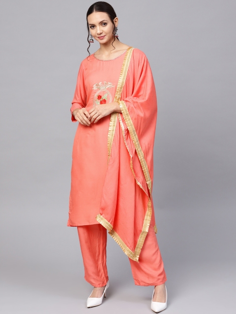 

Ishin Women Peach-Coloured Solid Kurta with Palazzos & Dupatta