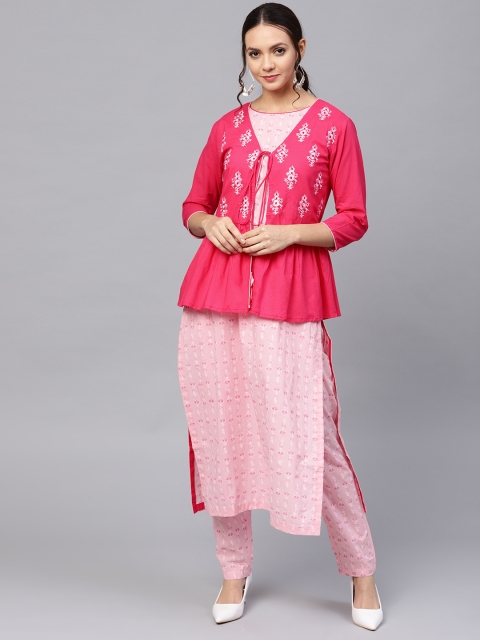 

Ishin Women Pink & White Block Print Kurta with Palazzo & Jacket