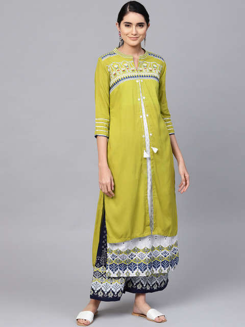 

Ishin Women Green & Navy Blue Printed Layered Kurta with Palazzos