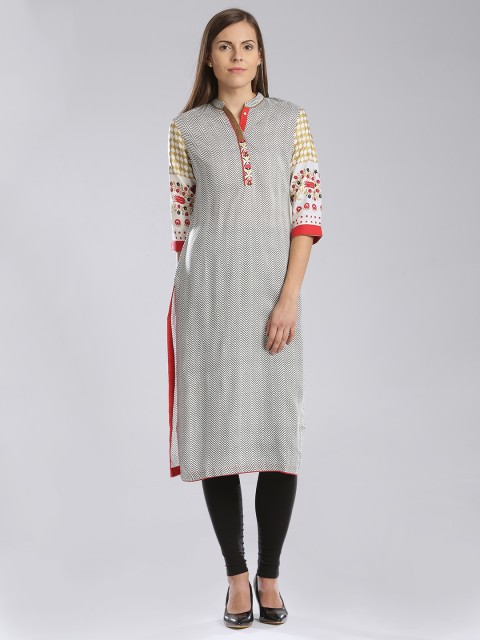 

W Off-White & Grey Printed Kurta