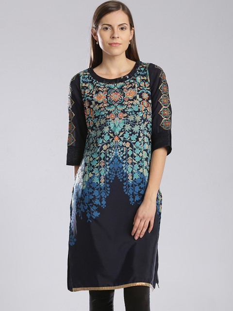 

Wishful by W Women Navy Printed Kurta with Embellishments, Navy blue