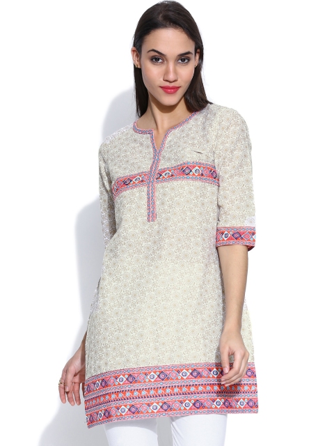 

Aurelia Off-White & Olive Green Printed Kurta