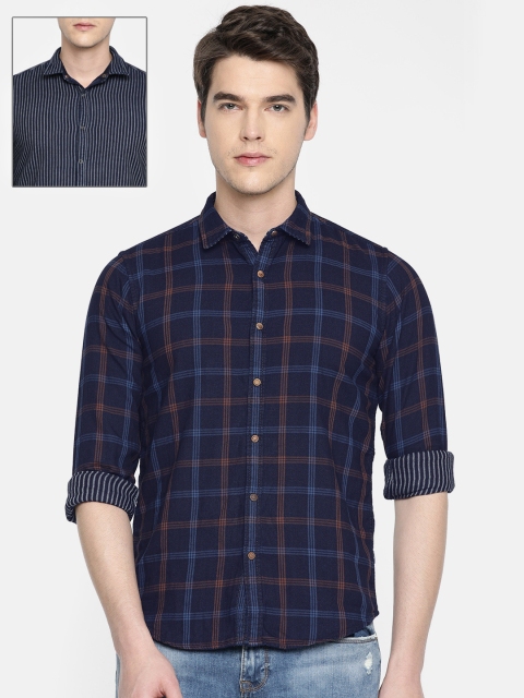

Pepe Jeans Men Navy Blue & Orange Regular Fit Checked Reversible Casual Shirt