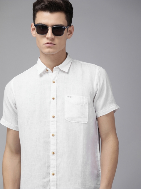 

Pepe Jeans Men White Solid Regular Fit Pure Linen Casual Shirt