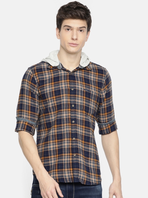 

Pepe Jeans Men Navy Blue & Mustard Yellow Regular Fit Checked Hooded Casual Shirt