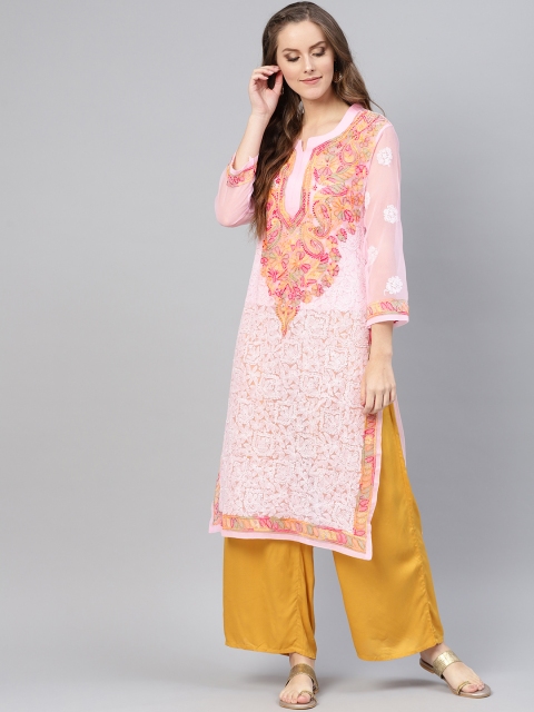 

Saadgi Women Pink Chikankari Embroidered Sheer Straight Kurta