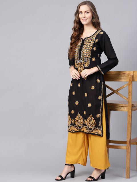 

Saadgi Women Black & Mustard Yellow Chikankari Embroidered Handloom Straight Kurta