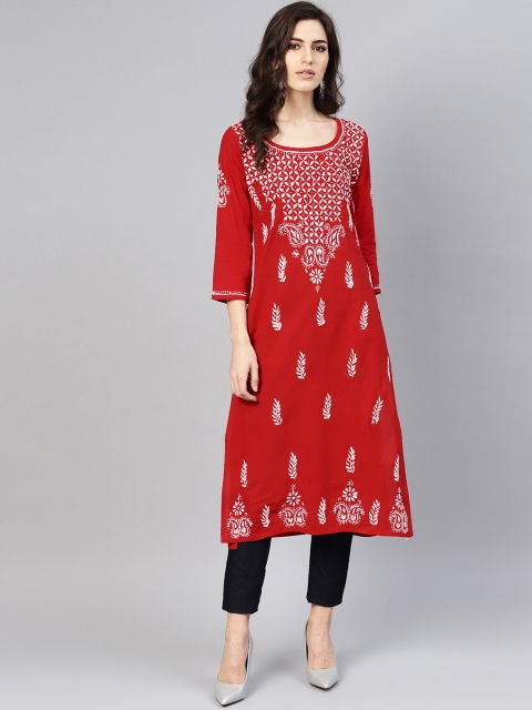 

Saadgi Women Red & White Handloom Chikankari Embroidered Straight Kurta