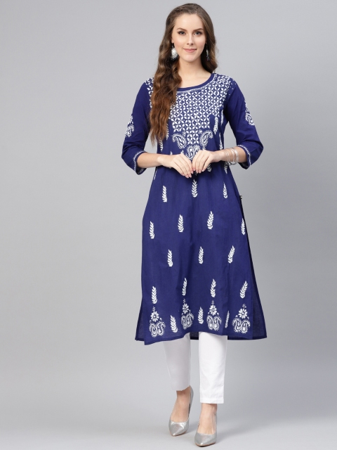 

Saadgi Women Blue & White Chikankari Embroidered Straight Kurta