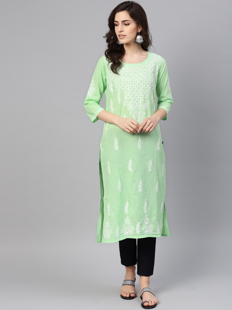 

Saadgi Women Green & White Chikankari Embroidered Handloom Straight Kurta