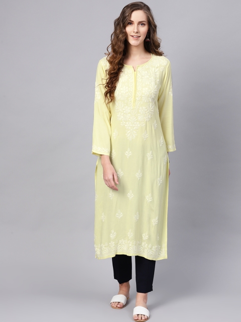 

Saadgi Women Yellow & White Chikankari Embroidered Handloom Straight Kurta