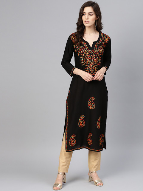 

Saadgi Women Black & Red Chikankari Embroidered Handloom Straight Kurta