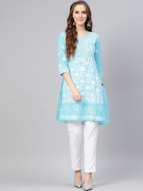 

Saadgi Women Blue & White Chikankari Embroidered Straight Kurta