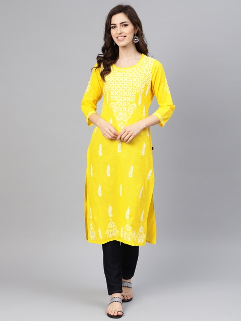 

Saadgi Women Yellow & White Chikankari Embroidered Handloom Straight Kurta