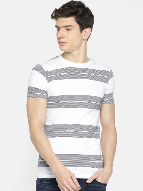 

Pepe Jeans Men White Black Slim Fit Striped Round Neck Pure Cotton T-shirt