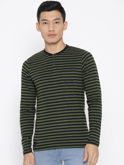 

Pepe Jeans Men Green & Black Striped Slim Fit Henley Neck T-shirt