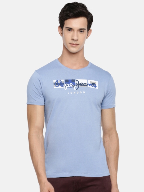 

Pepe Jeans Men Blue Printed Round Neck Pure Cotton T-shirt